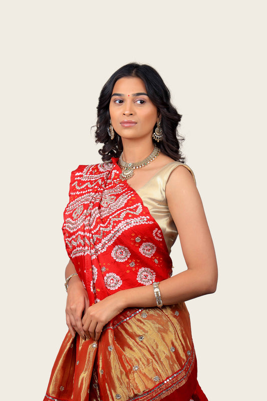 Gaji Silk Lagdi Patta Bandhani handwork Saree With Border Butti