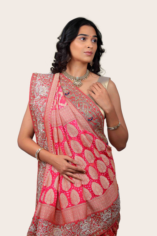 Georgette Banrasi Bandhni Saree with Handwork Border