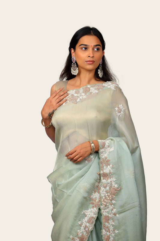 Shimmer Tissue Zardosi with Resam Handwork Saree