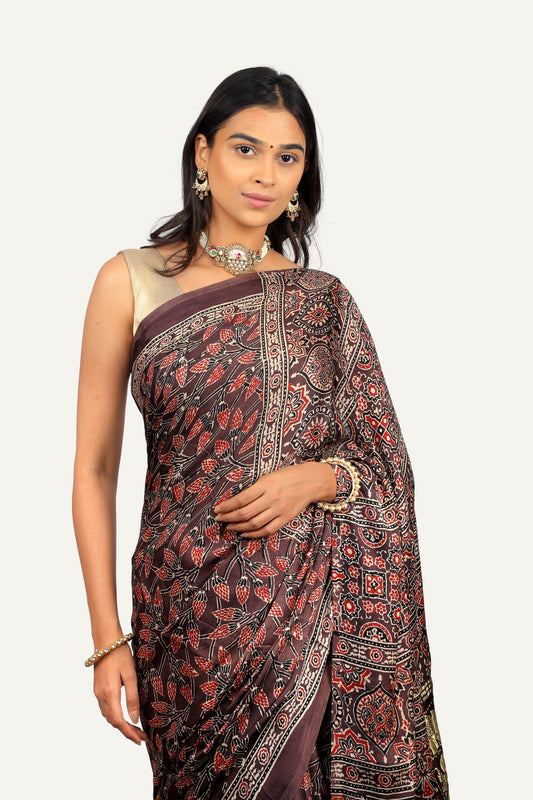Modal Silk Ajrakh Print Saree With Heavy Zari Work Pallu