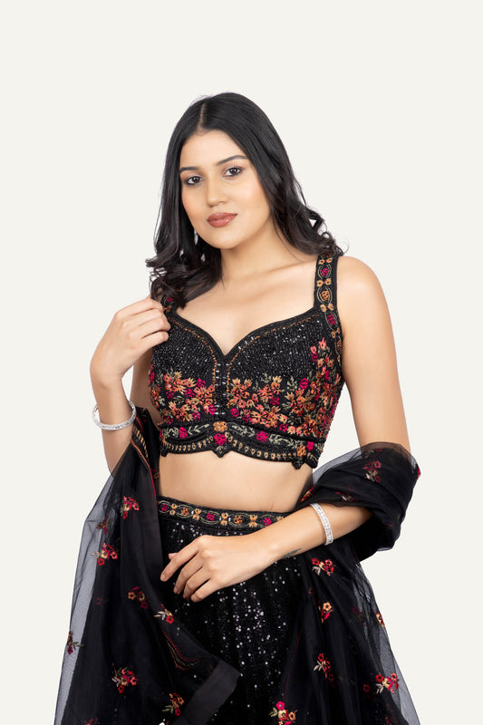 Georgette Sequence & Multicolor Resham Work Lehengha Choli Set