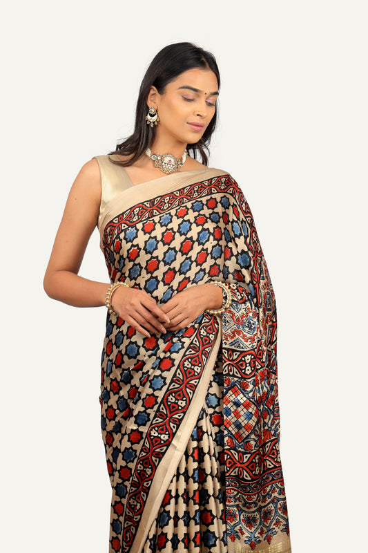 Modal Silk Ajrakh Print Saree with Baluchari Pallu