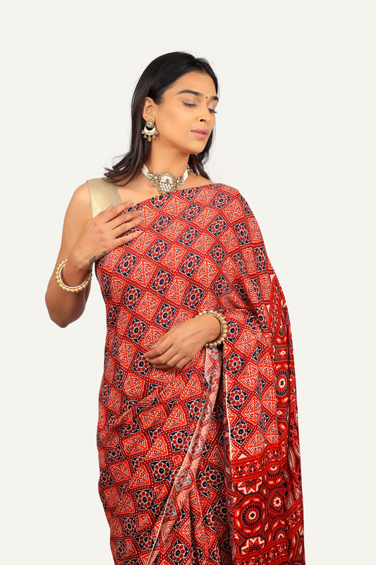 Modal Silk Ajrakh Print Saree with Different Print Pallu