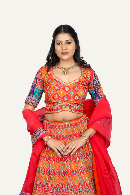 Soft Silk Lehengha Choli Set With Stylish Blouse And Organza Dupatta