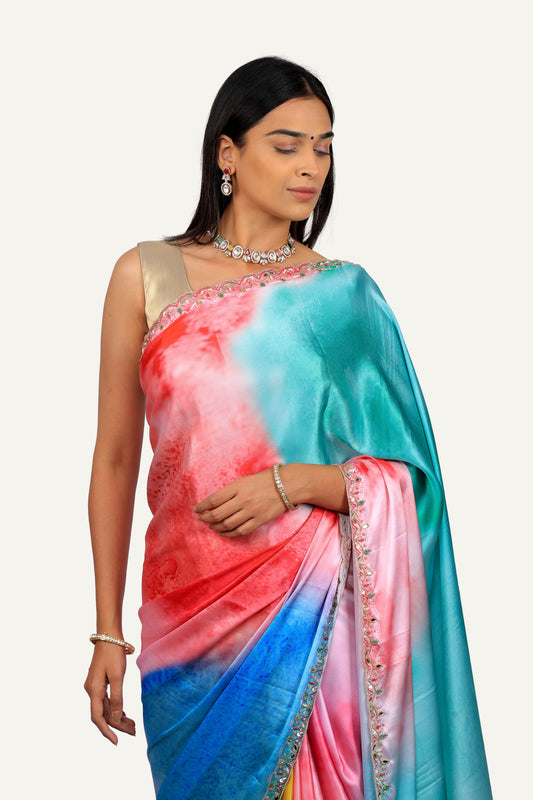 Multi Satin Silk Tie-Dye Handwork Border Saree