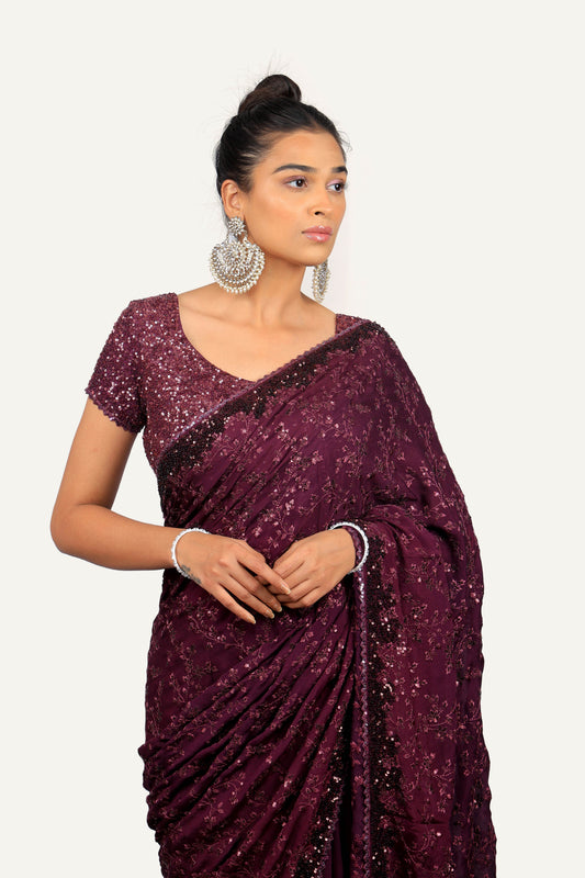 Wine Crepe Sequence With Resham Work Saree