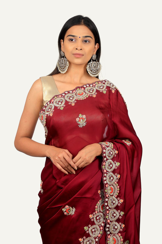Wine Soft Organza Hand Work Border & Butti Saree