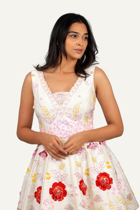 Cream Colour All Over Hand Bead Work On Raw Silk Designer Mini One Piece Frock