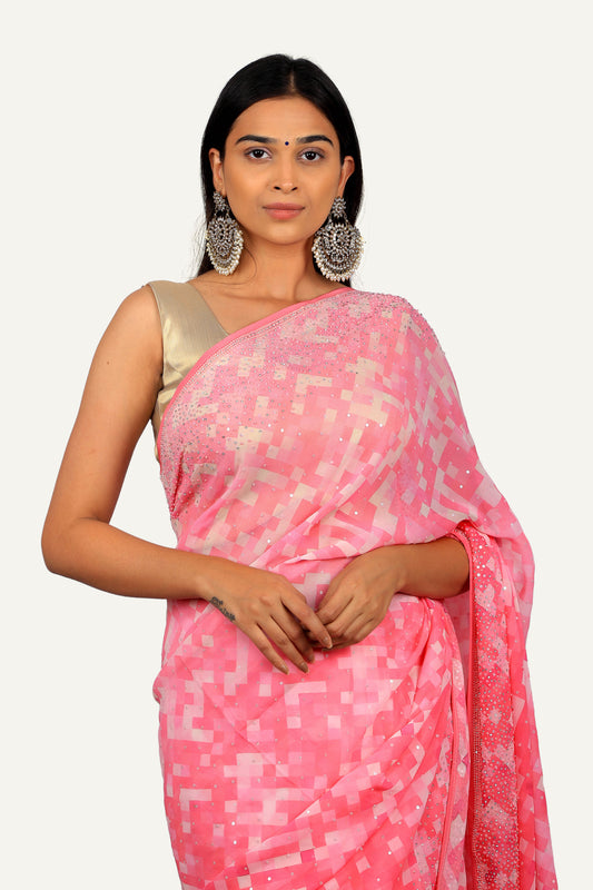 Pink Georgette Printed Swarovski & Tikki Work Saree