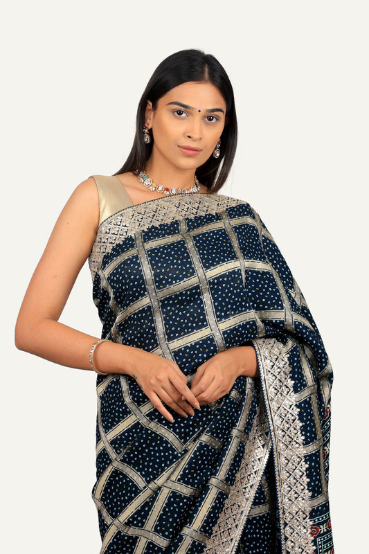 Navy Blue Munga Silk Bandhni Gotta Patti Handwork Saree