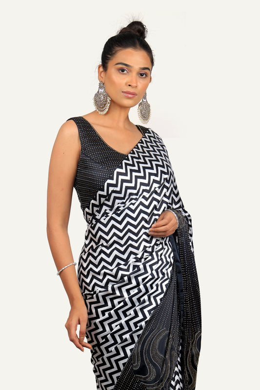 Satin Silk Zig-Zag Print Saree with Swarovski Work