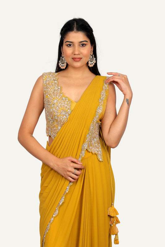 Mustard Yellow Imp Fabric & Fancy Cutwork Blouse With Ready To Wear Saree