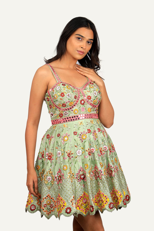 Pista Green All Over Embroidery With Handwork On Rawsilk Designer Mini One Piece
