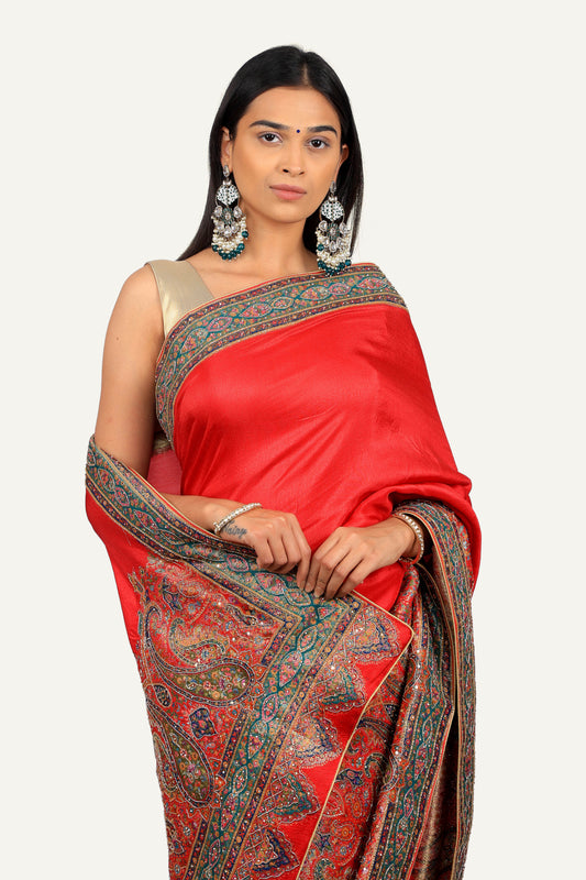 Cherry Red Modal Silk Minakari Weaving Handwork Saree
