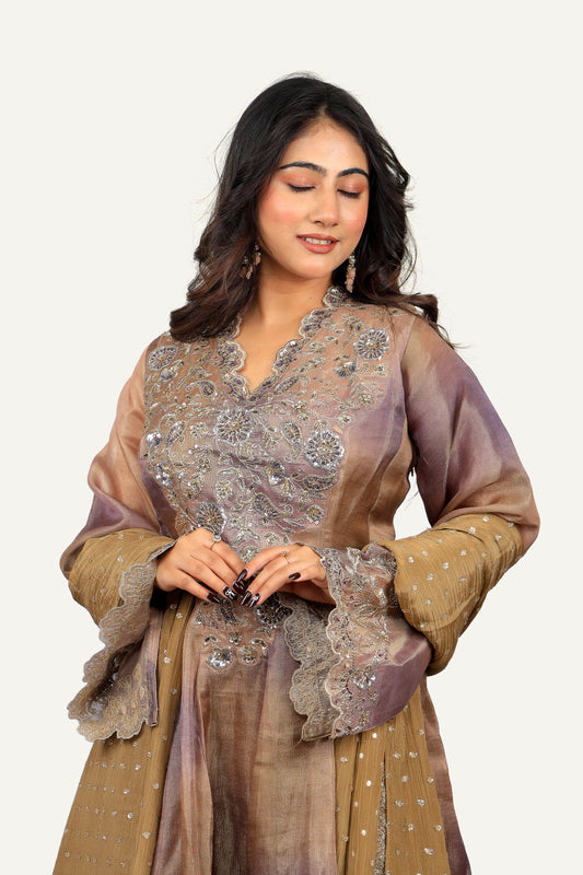 Tissue Silk Top with Handwork & Silk Crush Sharara with Scallop Border Duppatta