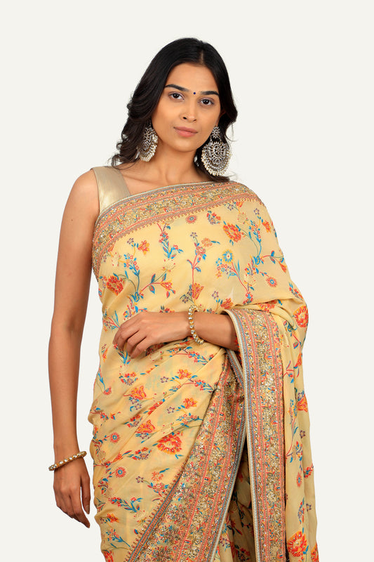 Cream Banarasi Georgette Minakari Hand Work Saree