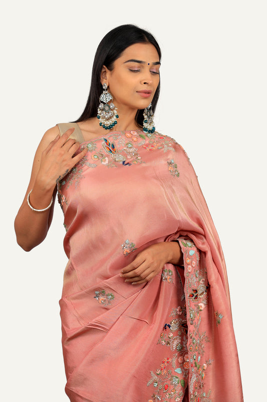 Peach Shimmer Tissue Thread & Handwork Saree