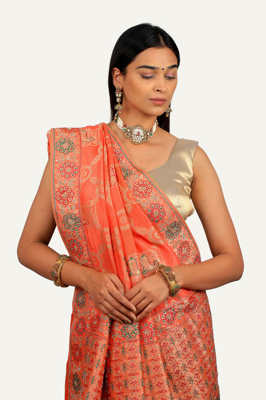 Orange Munga Silk Banarasi Weaving With Hand Work Saree