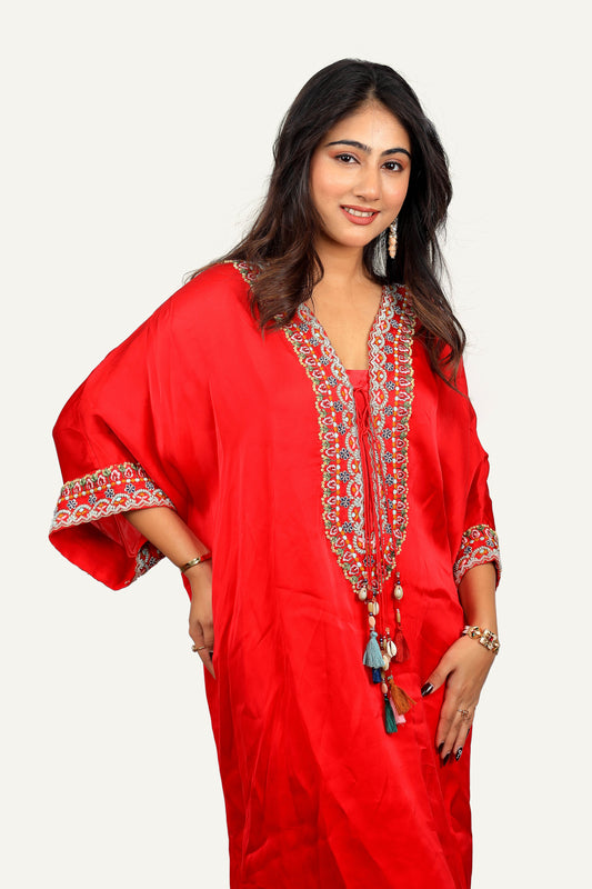 Red Muslin Silk Kaftan Top with Hand Embroidery & Straight Pant Plazo