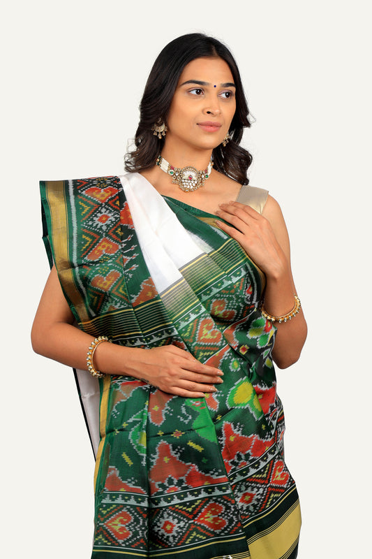 White & Green Rajkoti Silk Patola Saree