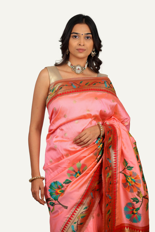 Peach Lotus Paithani Saree