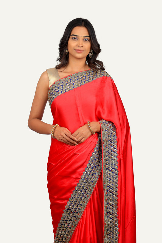 Cherry Pink Satin Silk Hand Work Border Saree