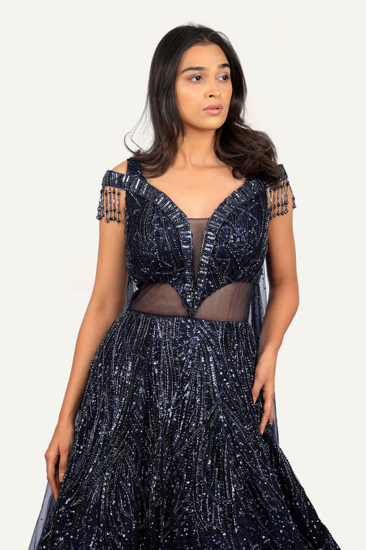 Navy Blue Totally Hand Work Net Fabric Designer Gown