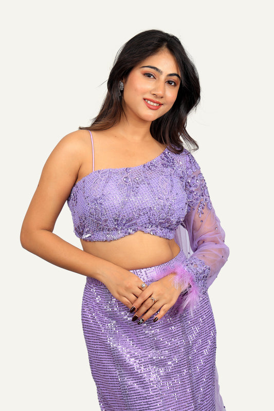One-Shoulder Hand Work Blouse with Drape-Style Dupatta & Mermaid Sequence Skirt