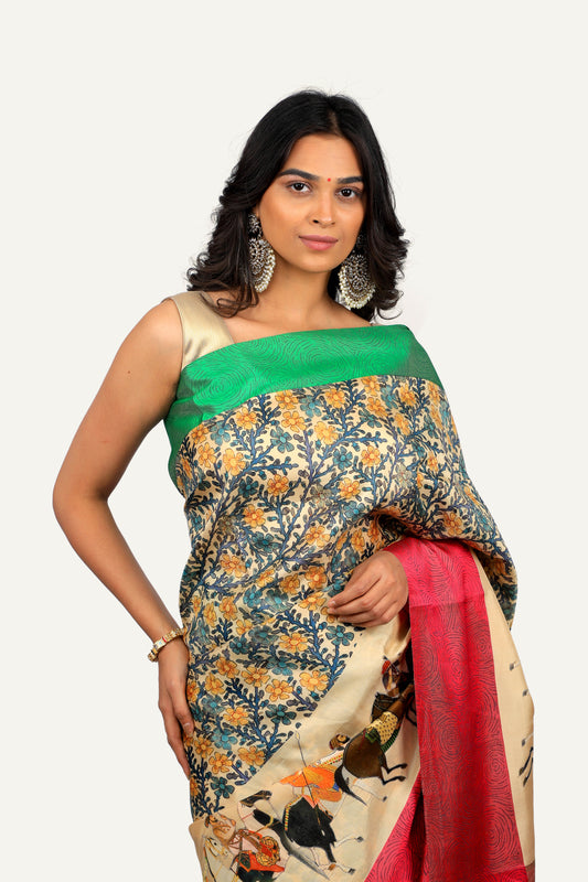 Cream Pure Soft Silk Hand Printed Saree