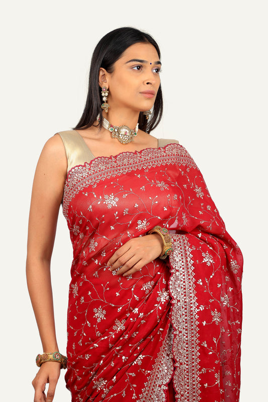 Maroon Georgette With All Over Jal & Pitta Work Saree