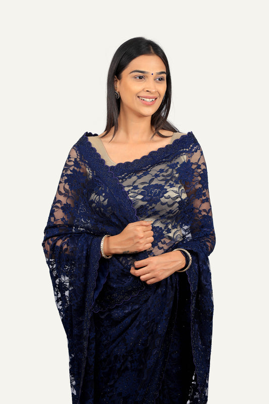 Navy Blue Chantilly Lace Swarovski Work Saree