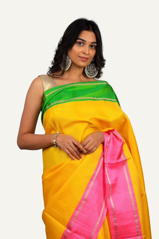 Yellow Pure Silk Saree with Hand Printed Pallu