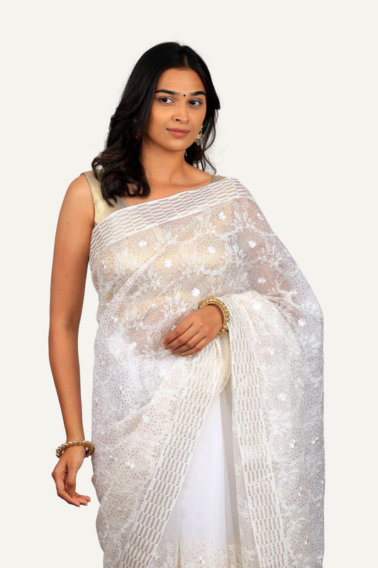 White Organza With Aari & Zari Work Saree