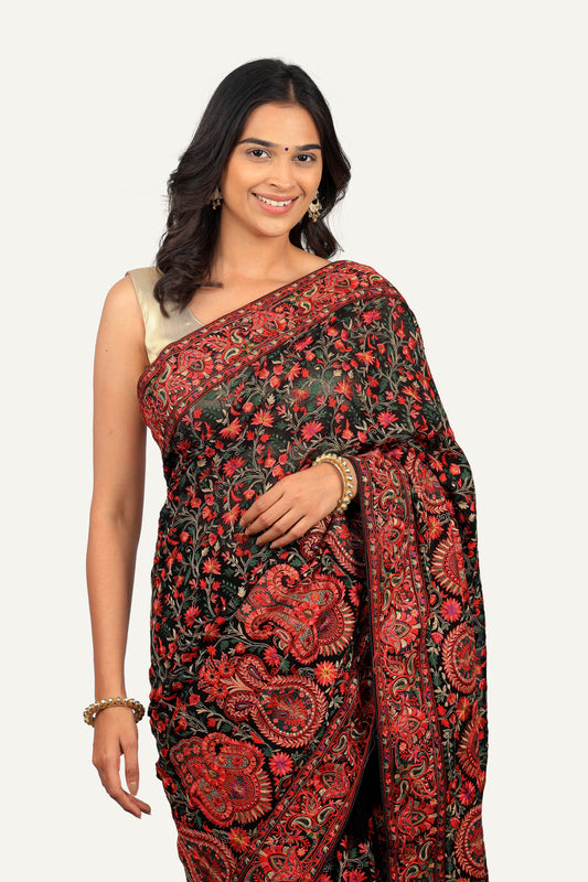 Black Georgette Multi Colour Resam Work Saree