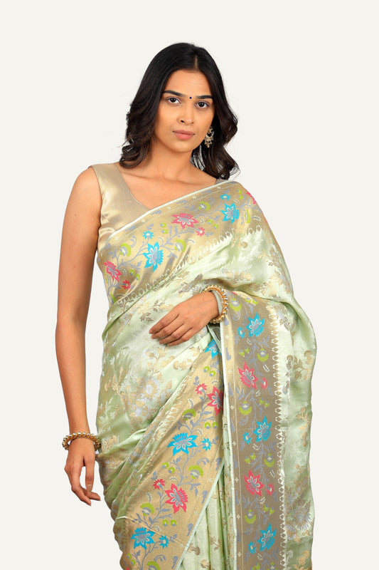 Pista Green Banarasi Crepe With Silver With Gold Zari Saree