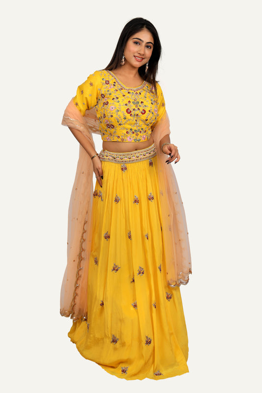 Yellow Italian Crepe Lehenga Choli with Fully Handworked Blouse