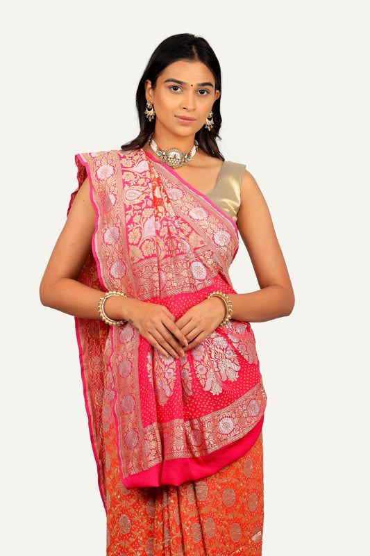 Banarasi Georgette Silver Gold Zari with Bandhni Saree