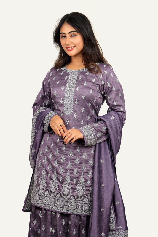 Diamond Work Silk Top with Flared Palzo & Matching Dupatta