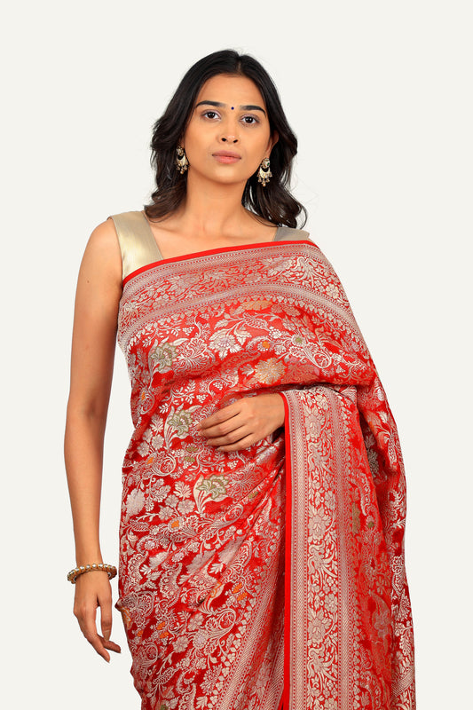 Red Khadi Georgette With Minakari Work Saree