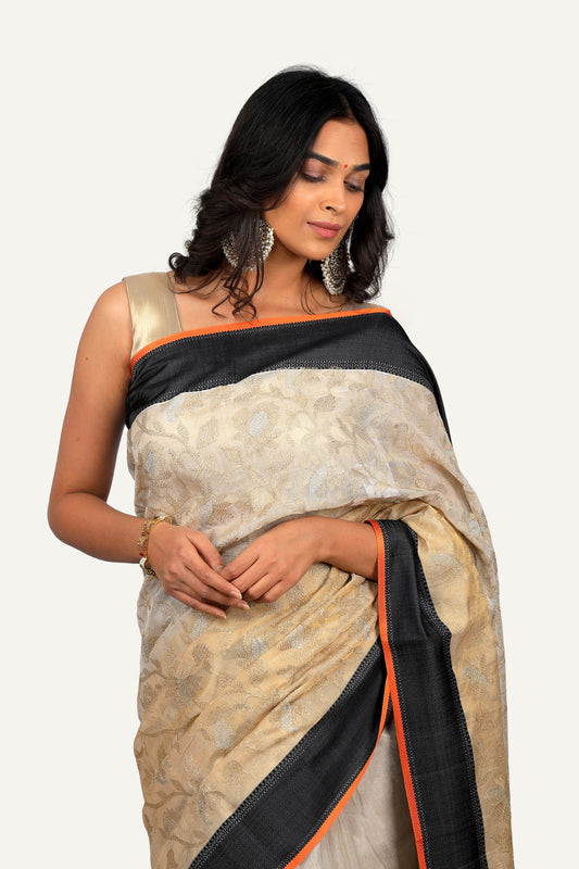Steel Gray and Golden Dual Shade Shimmer Tissue Saree