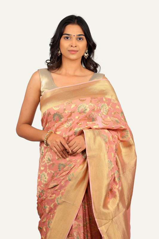 Peach Khadi Georgette Jal Work & Golden Zari Saree