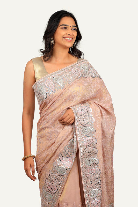 Light Peach Tissue Organza Thread Work & Pitta Work Border Saree