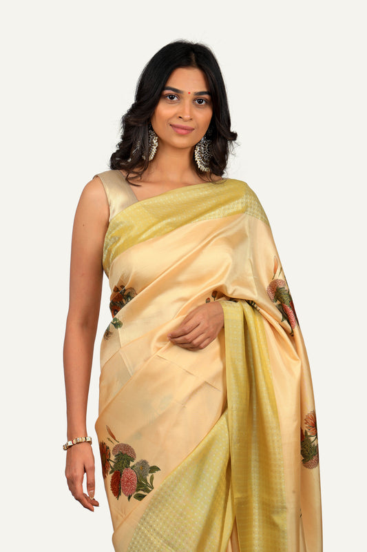 Cream Colour Soft Silk Saree with All-Over Printed Butta