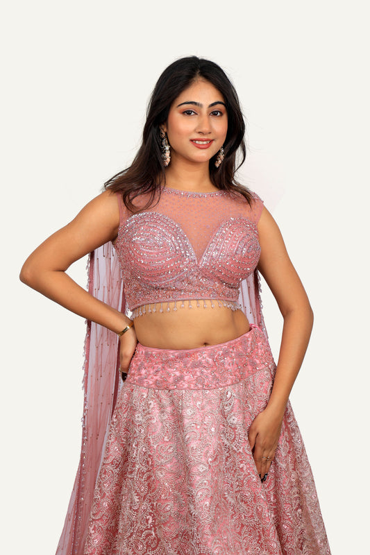 Stylish Net Handwork Blouse with Attached Dupatta & Embroidery Flared Skirt
