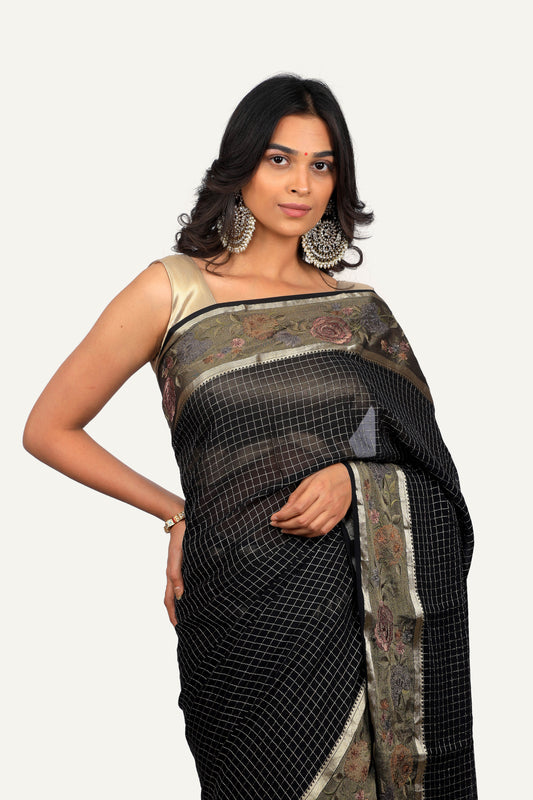 Black Chiffon Saree with Parsi Border