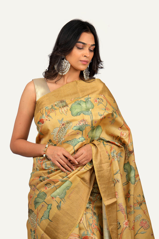 Kalamkari Print Saree in Base Colour