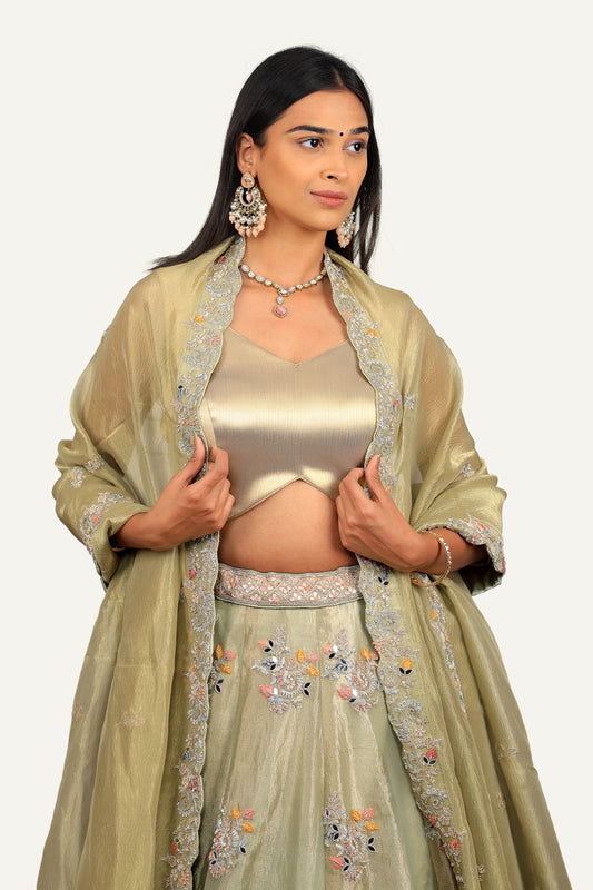Pista Crush Tissue Resham & Zardosi Work Lehenga Choli