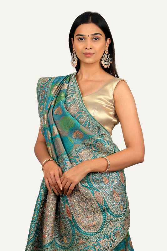 Rama Green Banarasi Weaving Handwork Saree
