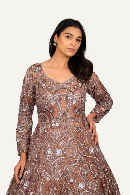 Handwork On Net And Full Sleeves Gown Light Brown