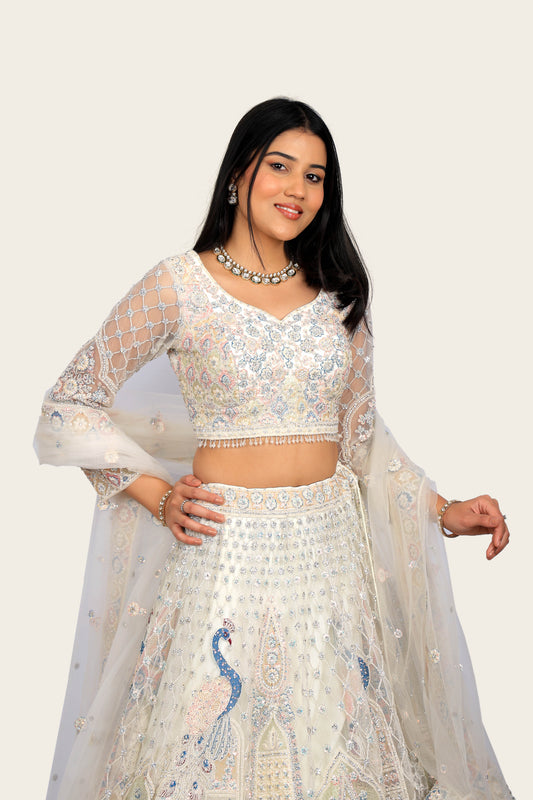 White Imported Net Swarovski & Machine Work Lehenga Choli
